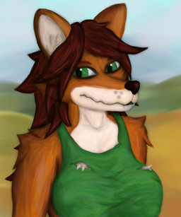 anthro breasts clothed clothing countershading detailed_background eye_glint eyebrows female fur green_clothing green_eyes green_lips green_shirt green_topwear hair inner_ear_fluff lips long_hair markings orange_body orange_fur shirt solo topwear torn_clothing tuft whisker_markings whisker_spots sultreve terraria zoologist_(terraria) canid canine fox mammal absurd_res hi_res shaded