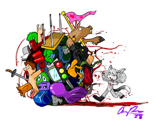 ambiguous_gender anthro ball blood blood_on_bandage blood_on_chest blood_on_ground blood_on_hand bodily_fluids book brown_body brown_fur brown_hair eyes_closed flag food fruit fur gore grey_body grey_fur group hair melee_weapon parody plant rolling running screaming simple_background sword tail weapon white_background white_body white_fur white_hair keishinkae katamari aquatic cephalopod coleoid equid equine horse human lagomorph leporid mammal mollusk octopodiform rabbit 2008