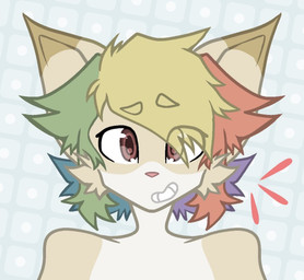 abstract_background adolescent anthro blonde_hair blue_hair fur green_hair hair male multicolored_hair purple_hair rainbow_hair red_eyes red_hair red_nose snout solo sonagi_(sonadourge) yellow_body yellow_fur young felid feline mammal