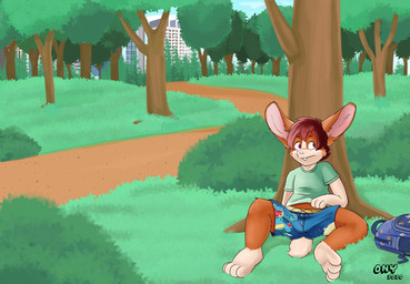 anthro backpack bottomwear clothing detailed_background male outside plant shorts solo tree young young_anthro young_male onykr nintendo pokemon lagomorph leporid mammal rabbit 2020 hi_res