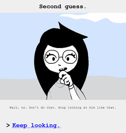 anthro black_body black_fur black_hair buckteeth clothed clothing duo eyewear fur furniture glasses hair looking_back pixelated simple_background sofa standing_behind teeth text thinking torn_clothing white_body white_eyes uglycoal homestuck ms_paint_adventures bec_noir jade_harley animated animated_comic comic digital_drawing_(artwork) digital_media_(artwork) english_text hi_res shaded simple_shading