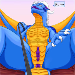 anthro anus bed_sheet bedding blue_body blue_scales bodily_fluids breasts butt claws command dialogue dominant dominant_female female genital_fluids genitals hair hand_on_leg hand_on_thigh horn leash leash_pull leashed_viewer low-angle_view membrane_(anatomy) membranous_wings nipples nude orange_eyes presenting presenting_anus presenting_hindquarters presenting_vulva purple_anus purple_flesh purple_insides purple_vulva scales simple_background small_breasts smile solo speech_bubble spread_legs spread_wings spreading tail talking_to_viewer text tongue unusual_insides vaginal_fluids vulva white_hair wings mglblaze mythology k'sara dragon mythological_creature mythological_scalie scalie 1:1 english_text hi_res