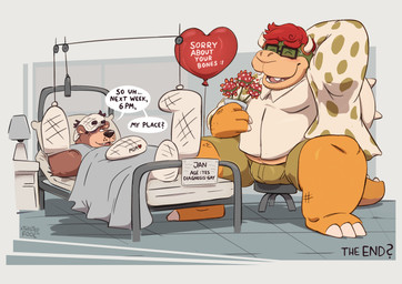 after_facesitting anthro anthro_on_anthro balloon bed blush bodily_fluids border bottomwear bulge cast claws clothing dialogue duo eyebrows eyewear flower fur furniture furniture_lamp glasses grey_background grey_border hair hand_behind_head horn hospital hospital_bed humor inflatable inside lying male male/male on_back on_bed open_mouth open_smile plant plant_pot potted_plant shell shirt shorts sign simple_background sitting size_difference smile spiked_shell spikes spikes_(anatomy) stated_homosexuality stated_sexuality stool sweat sweatdrop text topwear tuft wounded bearafterall mario_bros nintendo bowser jan_(bearafterall) bear koopa mammal scalie 2025 absurd_res comic english_text hi_res signature