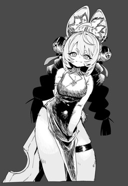 ahoge anthro big_ears braided_hair breasts circle_eyebrows cleavage cleavage_cutout clothed clothing cutout dress eyebrows female hair inner_ear_fluff leg_wrap melee_weapon pigtails smile smiling_at_viewer solo sword thick_thighs tuft weapon dumb_s1ayer mihoyo zenless_zone_zero zhao_(zenless_zone_zero) lagomorph mammal thiren absurd_res hi_res monochrome