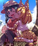 adolescent backpack blush bottomwear clothed clothing duo feathers female female/female footwear gloves handwear hat headgear headwear hug shoes skirt sky socks tail tail_under_skirt under_tree young makuran kemono_friends kaban-chan serval-chan felid feline human mammal serval hi_res