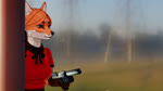 anthro blinking blood blood_on_teeth bodily_fluids clothed clothing dialogue dress eyes_closed fangs female fur gesture gloves_(marking) gun hair holding_gun holding_object holding_ranged_weapon holding_tooth holding_weapon inner_ear_fluff looking_at_viewer markings open_mouth orange_body orange_hair ponytail ranged_weapon red_clothing red_dress shell_(projectile) simple_background smile smiling_at_viewer solo speech_bubble teeth text tuft waving waving_at_viewer weapon yellow_eyes funsizedthought olivia_(funsizedthought) canid canine fox mammal 16:9 3d_(artwork) 3d_animation animated cel_shading digital_media_(artwork) english_text hi_res no_sound shaded short_playtime webm widescreen