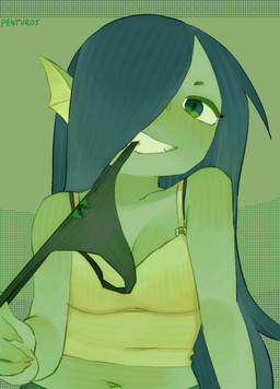 biting_panties bra_strap breasts clothing crop_top female fin green_background green_body green_eyes green_hair hair long_hair looking_at_viewer medium_breasts nails navel non-mammal_breasts non-mammal_navel panties panties_in_mouth seductive sharp_nails shirt simple_background solo topwear underwear penturice sarah_(penturice) aquatic fish half-length_portrait halftone hi_res portrait watermark