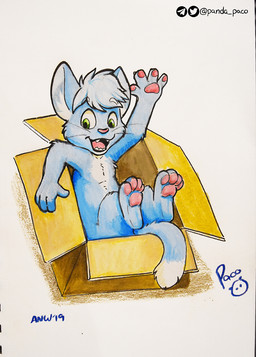 anthro blue_body blue_fur blue_hair blue_tail box container dipstick_tail front_view fur gesture green_eyes hair logo looking_at_viewer lying male markings nude on_back open_mouth open_smile pawpads pink_nose pink_pawpads pink_tongue short_hair simple_background smile solo tail tail_markings tongue waving waving_at_viewer whiskers white_background white_tail young young_anthro young_male pandapaco felid mammal artist_logo signature