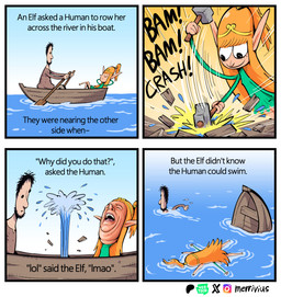 beard big_nose black_beard black_eyes black_facial_hair boat brown_clothing brown_shirt brown_topwear closed_smile clothing crown death dress duo facial_hair female green_clothing green_dress hair hammer headgear humanoid_pointy_ears humor laugh light_body light_skin long_ears long_hair male mouth_closed orange_hair pink_tongue pointy_ears pointy_nose ponytail rowing sea shirt simple_eyes smile swimming tan_body tan_skin teeth teeth_showing text tiara tongue tools topwear vehicle water watercraft merrivius elf_comic the_scorpion_and_the_frog elf_(merrivius) human_(merrivius) elf human humanoid mammal comic english_text hi_res