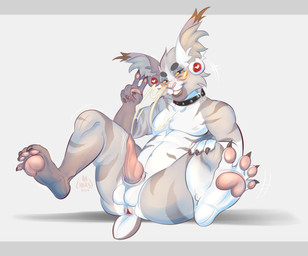 anthro anus balls claws collar ear_piercing ears_up ejaculation gauged_ear genitals gesture hand_gesture looking_at_viewer male pawpads penis piercing plug_(jewelry) presenting smile smiling_at_viewer solo spread_legs spreading v_sign hahars felid feline mammal