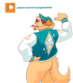 anthro blue_clothing blue_hat blue_headwear blue_jacket blue_topwear bottomless butt clothed clothing eyewear fur glasses hat headgear headwear jacket male male_anthro open_mouth orange_body orange_fur orange_tail rear_view red_tongue simple_background solo standing sunglasses tail tongue tongue_out topwear wearing_glasses white_background white_clothing white_jacket white_topwear chocolateandmilk canid canine canis domestic_dog mammal hi_res
