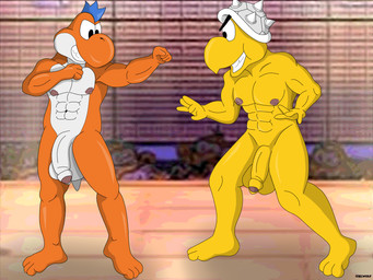 anthro armor balls balls_outline big_balls big_nipples big_penis bulge clothing detailed_bulge duo feet fighting_pose fighting_ring flaccid foreskin genital_outline genitals headgear headgear_only headwear headwear_only helmet helmet_only male male/male mostly_nude muscular muscular_anthro muscular_male nipples nude nude_fight orange_body penis pose prehistoric teeth white_eyes yellow_body ciel-wolf mario_bros mythology nintendo paper_mario paper_mario:_the_thousand_year_door jr_troopa the_great_gonzales_jr dinosaur dragon koopa koopa_troopa mythological_creature mythological_scalie orange_yoshi prehistoric_species reptile scalie tortoise turtle yoshi 4:3 hi_res