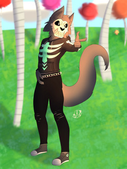 anthro bone chain fur gift grey_body grey_fur long_tail male neon_clothes skull skull_accessory skull_head sky solo tail jakesart canid canine canis mammal skulldog_(species) wolf 3:4 digital_media_(artwork) hi_res