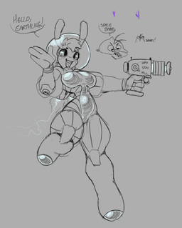4_fingers antennae_(anatomy) anthro big_eyes biped breasts buckteeth dialogue excited female fingers gun holding_gun holding_object holding_ranged_weapon holding_weapon jet_pack male mohawk one_leg_up open_mouth raised_leg ranged_weapon raygun science_fiction small_waist spacesuit speech_bubble teeth text thick_thighs wasp_waist weapon wide_hips proxicute alien avian bird penguin english_text hi_res sketch