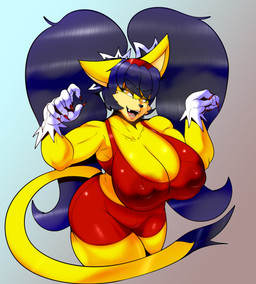 accessory anthro areola areola_slip big_breasts big_hair black_nose blue_background blue_hair bottomwear breasts brown_areola cleavage clothed clothing colored_nails dipstick_tail eyelashes female front_view fur gloves gradient_background grey_background hair hair_accessory hairband handwear huge_breasts long_nails looking_at_viewer markings nails nipple_outline open_mouth open_smile orange_eyes pigtails red_bottomwear red_clothing red_nails red_shorts red_topwear shorts simple_background smile solo tail tail_markings tan_body tan_fur thick_thighs topwear white_clothing white_gloves white_handwear wide_hips yellow_body yellow_fur randomgloves sega sonic_the_fighters sonic_the_hedgehog_(series) honey_the_cat domestic_cat felid feline felis mammal hi_res