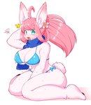 accessory anthro bikini bodily_fluids clothing female flower flower_in_hair green_eyes hair hair_accessory looking_at_viewer pink_hair plant scarf simple_background smile smiling_at_viewer solo sweat swimwear two-piece_swimsuit gut0002 lagomorph leporid mammal rabbit hi_res