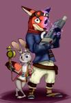 2016 anthro canid canine clothed clothing crossed_legs crossover dipstick_ears dipstick_tail disney duo ear_markings eyewear female fingerless_gloves fox frown fur gloves goggles green_eyes gun handwear harness hi_res holding_gun holding_object holding_ranged_weapon holding_weapon jak_and_daxter judy_hopps lagomorph leporid lohkami_(artist) looking_at_viewer male mammal markings morphgun multicolored_ears multicolored_tail naughty_dog nick_wilde purple_eyes rabbit ranged_weapon red_background red_fox rifle simple_background size_difference sony_corporation sony_interactive_entertainment standing tail tail_markings transformation true_fox weapon white_body white_fur zootopia