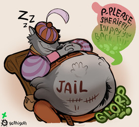 anthro anthro_pred begging begging_for_mercy belly belly_hair belt big_belly black_nose body_hair body_writing bottomwear chair clothing debt dialogue digestion digestion_noises fur furniture grey_body grey_fur hand_imprint happy_trail hat hat_over_eyes headgear headwear huge_belly imprint jacket love_handles male male_pred open_belt pants rumbling_stomach same_size_vore sitting sleeping solo tally_marks text topwear unwilling_prey vore western_tally_marks gothigoth disney robin_hood_(disney) sheriff_of_nottingham canid canine canis mammal wolf english_text