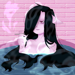 bathing bathroom big_breasts black_hair breasts brick_wall cigarette cleavage clothed clothing detailed_background female hair hair_over_eye long_hair nude partially_submerged pointy_ears purple_body purple_skin smoke smoking smoking_cigarette solo steam unimpressed wall_(structure) water murr_vampire felid feline mammal 1:1 hi_res