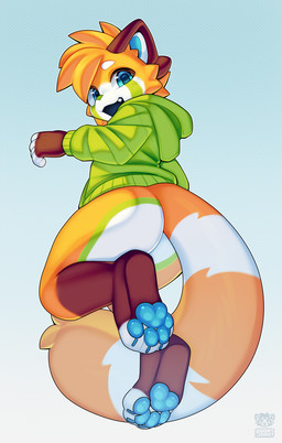 4_toes 5_fingers anthro biped blue_eyes bottomless bottomless_anthro bottomless_female butt clothed clothed_anthro clothed_female clothing feet female fingers fur hair hoodie hoodie_only looking_at_viewer looking_back looking_back_at_viewer markings open_mouth open_smile orange_body orange_fur orange_hair orange_tail partially_clothed partially_clothed_anthro partially_clothed_female pawpads paws simple_background smile solo striped_markings striped_tail stripes tail tail_markings teeth toes topwear topwear_only jinxit pocky_(jinxit) ailurid mammal red_panda 2025 absurd_res digital_drawing_(artwork) digital_media_(artwork) hi_res