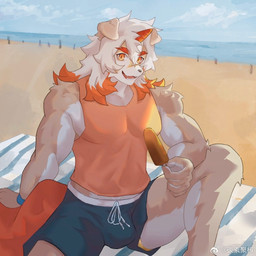 anthro beach bottomwear bulge clothing dessert eyebrows food fur hair horn ice_cream looking_at_viewer male multicolored_body multicolored_hair muscular muscular_anthro muscular_male orange_hair red_eyebrows red_horn sea shorts sleeveless_shirt solo tan_body tan_fur topwear two_tone_body two_tone_hair water white_body white_hair chao_t1jao arknights hypergryph studio_montagne weibo hung_(arknights) canid canine canis domestic_dog mammal 1:1 2026