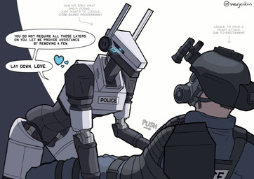 armor belt blue_eyes blush bulletproof_vest clothed clothing dialogue duo eye_contact female fully_clothed gas_mask headgear heart_symbol helmet looking_at_another looking_at_partner lying machine male male/female mask night_vision_goggles on_back police pushing pushing_down simple_background speech_bubble standing text white_body warjenkins human humanoid mammal robot robot_humanoid 2025 absurd_res digital_media_(artwork) english_text hi_res