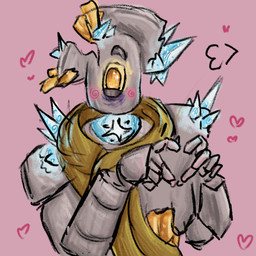 1_eye 5_fingers adolescent ambiguous_gender black_outline blush cracks crystal crystal_horn crystals_on_the_body earless eye_bags eyebrows featureless_chest finger_heart fingers floating_head gesture glistening glistening_eyes gold_(metal) happy heart_gesture heart_symbol innocent_expression looking_at_viewer male markings mouthless no_eyelashes no_neck noseless outline pink_background pseudo_horn rock scar scarf simple_background solo sparkles sparkling_eyes spiral_blush star_(marking) yellow_eyes yellow_scarf young nacurenyzernomex jewish_mythology mythology risk_of_rain false_son cyclops demigod elemental_creature elemental_humanoid humanoid mineral_fauna mineral_humanoid mythological_creature mythological_golem rock_creature rock_humanoid 1:1 colored colored_sketch shaded sketch soft_shading warm_colors male_(lore)