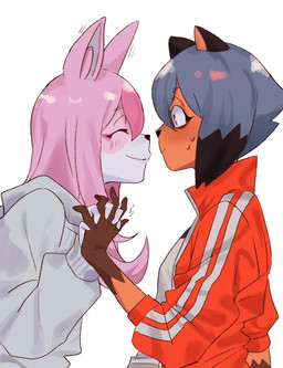 anthro black_hair blue_eyes blue_hair blush bodily_fluids brown_body brown_fur clothed clothing duo eyes_closed female female/female fur hair hand_holding interlocked_fingers long_hair multicolored_hair pink_body pink_fur pink_hair simple_background sweat topwear white_background white_body white_fur takao_0901 brand_new_animal studio_trigger michiru_kagemori nazuna_hiwatashi canid canine fox mammal raccoon_dog tanuki 2020 absurd_res hi_res