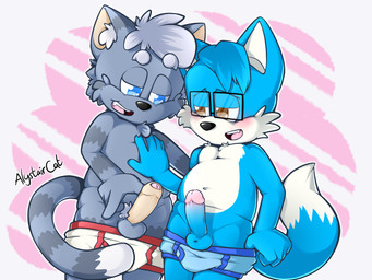 5_fingers anthro balls bangs black_nose blue_body blue_briefs blue_clothing blue_eyes blue_fur blue_underwear blush briefs briefs_down briefs_only brown_eyes cheek_tuft chest_tuft clothed clothing colored_seam_briefs colored_seam_underwear duo erection eyebrows eyewear facial_tuft fangs fingers fur genitals glasses grey_body grey_fur half-closed_eyes humanoid_genitalia humanoid_penis inner_ear_fluff male male/male multicolored_body multicolored_fur narrowed_eyes navel partially_clothed penis tail tan_body tan_fur teeth tighty_whities topless tuft underwear underwear_down underwear_only white_body white_briefs white_clothing white_fur white_underwear young alystaircat alystair_(alystair-the-cat) canid canine domestic_cat felid feline felis fox mammal absurd_res hi_res signature
