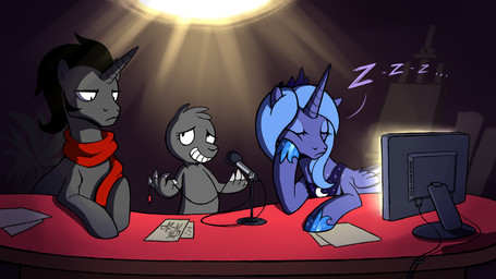 ambiguous_gender black_hair blue_hair claws collar computer_monitor electronics eyes_closed feathered_wings feathers female feral frown fur grey_body grey_fur group hair holding_object hooves horn male microphone scarf sleeping smile snoring sound_effects vowelless vowelless_sound_effect wings zzz stasysolitude friendship_is_magic hasbro my_little_pony mythology king_sombra_(mlp) princess_luna_(mlp) equid equine mammal mythological_creature mythological_equine winged_unicorn 2017 absurd_res hi_res