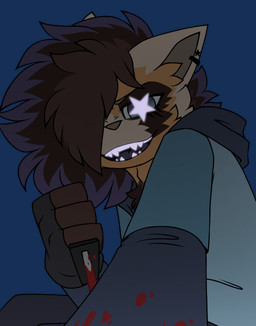 ambiguous_gender anthro blood blood_on_arm blood_on_clothing blue_clothing blue_hoodie blue_topwear bodily_fluids clothing ear_piercing evil_grin fingerless_gloves first_person_view fur gloves glowing glowing_eyes glowing_teeth hair hair_over_eye handwear hoodie killing knife one_eye_obstructed orange_body orange_fur piercing simple_background smile solo star_eyes teeth topwear transparent_background pegacousin crux_nebula_(pegacousin) ailurid mammal red_panda 2023 alpha_channel shaded