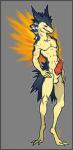 anthro anthrofied balls blush bodily_fluids border digitigrade ear_piercing erection genital_fluids genitals grey_background grey_border hands_on_hips knot male muscular muscular_anthro muscular_male nude penis piercing pokemorph precum red_eyes scar simple_background skinny solo misericorde nintendo pokemon generation_2_pokemon pokemon_(species) typhlosion hi_res