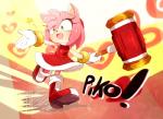 2017 amy_rose anthro boots clothing dress english_text eulipotyphlan female footwear fur gloves green_eyes hammer handwear heart_symbol hedgehog holding_object holding_weapon mammal melee_weapon open_mouth open_smile piko_piko_hammer pink_body pink_fur red_clothing red_dress sega smile solo sonic_the_hedgehog_(series) text tools unichrome-uni weapon