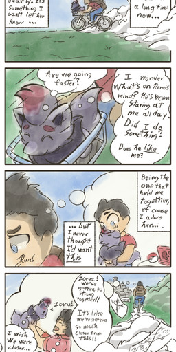 backpack bicycle biking black_body black_fur blue_eyes duo ellipsis eyes_closed feral fur grey_body grey_fur hug love_letter male memory pokeball pokemon_speak red_body red_fur smile speech_bubble standard_pokeball text text_box thought_bubble vehicle young young_feral the_creacher nintendo pokemon generation_5_pokemon human mammal pokemon_(species) zorua absurd_res comic english_text hi_res