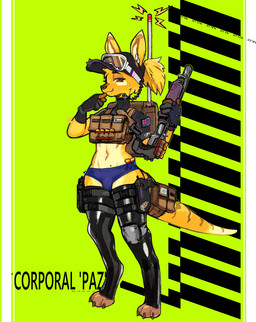 3_toes accessory anthro australian_flag backpack bag barcode bulge bulletproof_vest clothed clothing earpiece feet fingerless_gloves fur furgonomics gloves green_background gun gynomorph hair handgun handwear hat headgear headwear holster holstered_pistol intersex knee_pads latex latex_clothing latex_legwear latex_stockings legwear markings midriff navel open_mouth open_smile panties patch_(fabric) pistol ponytail ranged_weapon red_eyes shotgun simple_background smile solo standing stockings striped_markings striped_tail stripes tactical_gear tail tail_accessory tail_bag tail_markings toeless_legwear toes underwear visor visor_cap weapon yellow_body yellow_fur bunnybaphomet paz_(yellowleggy) macropod mammal marsupial wallaby 2025