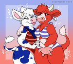 anthro bikini breasts breasts_and_teats clothing duo female female/female hair interlocked_fingers mascot one-piece_swimsuit swimwear teats two-piece_swimsuit udders berrywoof bel_group lactaid lactaid_cow the_laughing_cow bovid bovine cattle mammal 2020 digital_media_(artwork) hi_res