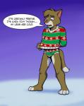 anthro barefoot biped blue_eyes briefs brown_body brown_fur bulge christmas_clothing christmas_sweater christmas_topwear clothing colored_seam_underwear detailed_background dialogue feet fur green_briefs green_clothing green_sweater green_topwear green_underwear hand_on_sweater holding_clothing holding_object holding_sweater holding_topwear holidays male open_mouth pattern_clothing pattern_sweater pattern_topwear pattern_underwear red_briefs red_clothing red_sweater red_topwear red_underwear shadow solo standing striped_briefs striped_clothing striped_sweater striped_topwear stripes sweater tan_body tan_fur teeth_showing text tongue_showing topwear underwear white_seam_briefs white_seam_underwear cirruskitfox christmas domestic_cat felid feline felis mammal absurd_res digital_media_(artwork) english_text full-length_portrait hi_res portrait