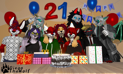 anthro balloon birthday black_body blonde_hair blue_eyes cake clothing dessert female food gift green_body green_clothing green_topwear grey_hair group hair hat headgear headwear horn inflatable male orange_body orange_eyes piercing pink_eyes pose purple_body purple_hair red_body red_eyes red_hair topwear yellow_eyes yellow_horn diegothewolf alberarts_(modeler) mythology diana_(diegothewolf) diego_(diegothewolf) julia_(diegothewolf) canid canine canis dragon fox hyenid_(species) mammal mythological_creature mythological_scalie procyonid raccoon scalie wolf 3d_(artwork) 5:3 digital_media_(artwork) hi_res
