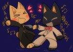 anthro blush bow_tie chibi dancing duo eyes_closed male musical_note musical_symbol necktie open_mouth paws suits symbol text wolfaroonii doko_demo_issho sony_corporation sony_interactive_entertainment kuro_(doko_demo_issho) toro_inoue domestic_cat felid feline felis mammal