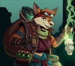 alchemist anthro backpack bracelet censer clothed clothing ear_piercing eyewear female flask goggles jewelry looking_aside midriff night piercing scarf smile smoke solo volkenfox pathfinder canid canine fox mammal