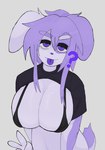 anthro big_breasts bra breasts cleavage clothed clothing clothing_lift female gesture glistening hand_gesture looking_at_viewer maki_(ongongio) question_mark shirt shirt_lift slightly_chubby smile solo tongue tongue_out topwear underwear v_sign ongongio lagomorph leporid mammal rabbit hi_res