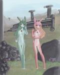 anthro blue_body blue_eyes blue_fur blue_hair blue_nipples breasts duo female flower fur gem genitals grass hair long_hair looking_at_viewer navel nipples nude outside pink_body pink_fur pink_hair plant pussy red_eyes rock sky smile white_body white_fur raptor007 mint_(raptor007) peach_(raptor007) lagomorph leporid mammal rabbit 2012 4:5 digital_media_(artwork) hi_res