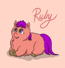 ambiguous_feral ambiguous_gender black_eyes eyelashes feral fur hair hooves looking_up open_mouth purple_hair purple_tail red_background red_body red_fur side_view simple_background smile solo tail text young young_ambiguous young_feral carpdime fluffy_pony ruby_(carpdime) fluffy_pony_(species) mammal character_name digital_media_(artwork) shaded