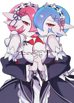 blue_hair breast_squish breasts breasts_frottage clothing cosplay duo female female/female hair hand_holding looking_at_viewer maid_headdress maid_uniform pink_hair red_eyes squish uniform white_body chunniwa nintendo pokemon re:zero ram_(re:zero) rem_(re:zero) gardevoir generation_3_pokemon humanoid pokemon_(species) absurd_res hi_res