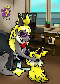 anthro blonde_hair computer drawing_tablet duo electronics eyewear female feral fur glasses grey_body grey_fur hair inside laptop mane succulent yellow_body yellow_fur kynmedia nintendo pokemon kyn_skyther canid canine canis eeveelution generation_1_pokemon hybrid jolteon mammal pokemon_(species) wolf