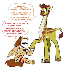 brown_eyes brown_hair cutie_mark drawing duo female feral hair mask profanity simple_background stylus text white_background wings redxbacon friendship_is_magic hasbro my_little_pony mythology fan_character gina_(mlp) red_(redxbacon) equid equine giraffe giraffid mammal mythological_creature mythological_equine pegasus english_text hi_res