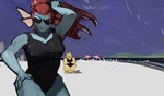 anthro armpit_hair beach black_one-piece_swimsuit blue_body blue_scales body_hair clothing duo eye_patch eyewear female glasses hair looking_at_viewer one-piece_swimsuit red_hair scales smile smiling_at_viewer swimwear yellow_body yellow_scales stopych undertale undertale_(series) alphys undyne fish marine reptile scalie 2024 absurd_res hi_res