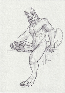 abs anthro cheek_tuft claws facial_tuft fangs finger_claws male male_anthro muscular muscular_anthro muscular_male neck_tuft nude open_mouth pawpads pecs sitting solo tail teeth toe_claws tongue tongue_out tuft hufnaar canid canine mammal 2017 absurd_res dated hi_res monochrome sketch