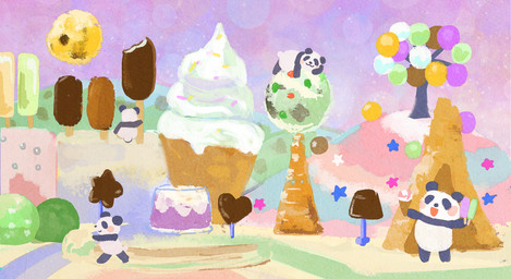 ambiguous_gender anthro blush candy chibi chocolate dessert detailed_background food fur group ice_cream ice_cream_cone lying sitting white_body white_fur araru bear giant_panda mammal 2020 absurd_res hi_res