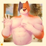 5_fingers abs anthro biceps black_body black_fur fingers fur gesture looking_at_viewer male multicolored_body multicolored_fur muscular muscular_anthro muscular_male navel open_mouth open_smile orange_body orange_fur pecs plant smile solo teeth tongue tree waving white_body white_fur jinxd101 epic_games fortnite meowscles calico_cat domestic_cat felid feline felis mammal 1:1 digital_media_(artwork) hi_res